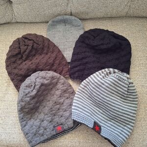 Bundle Of 5 Men's Knit Beanie Hats - Gray, Brown, Black, Reversible Lot